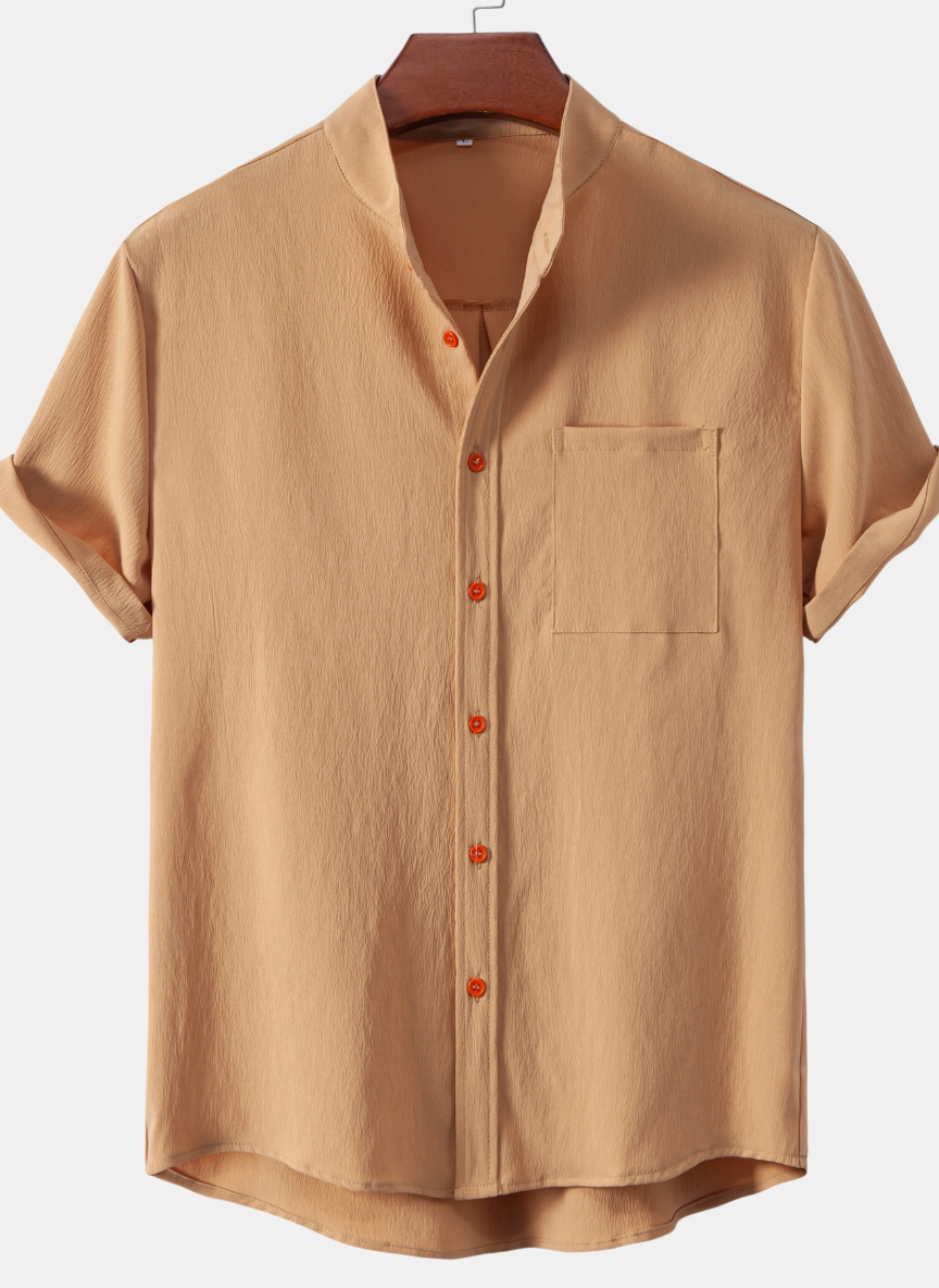 Men's Casual Shirt with Mandarin Collar - Short Sleeve Cardigan