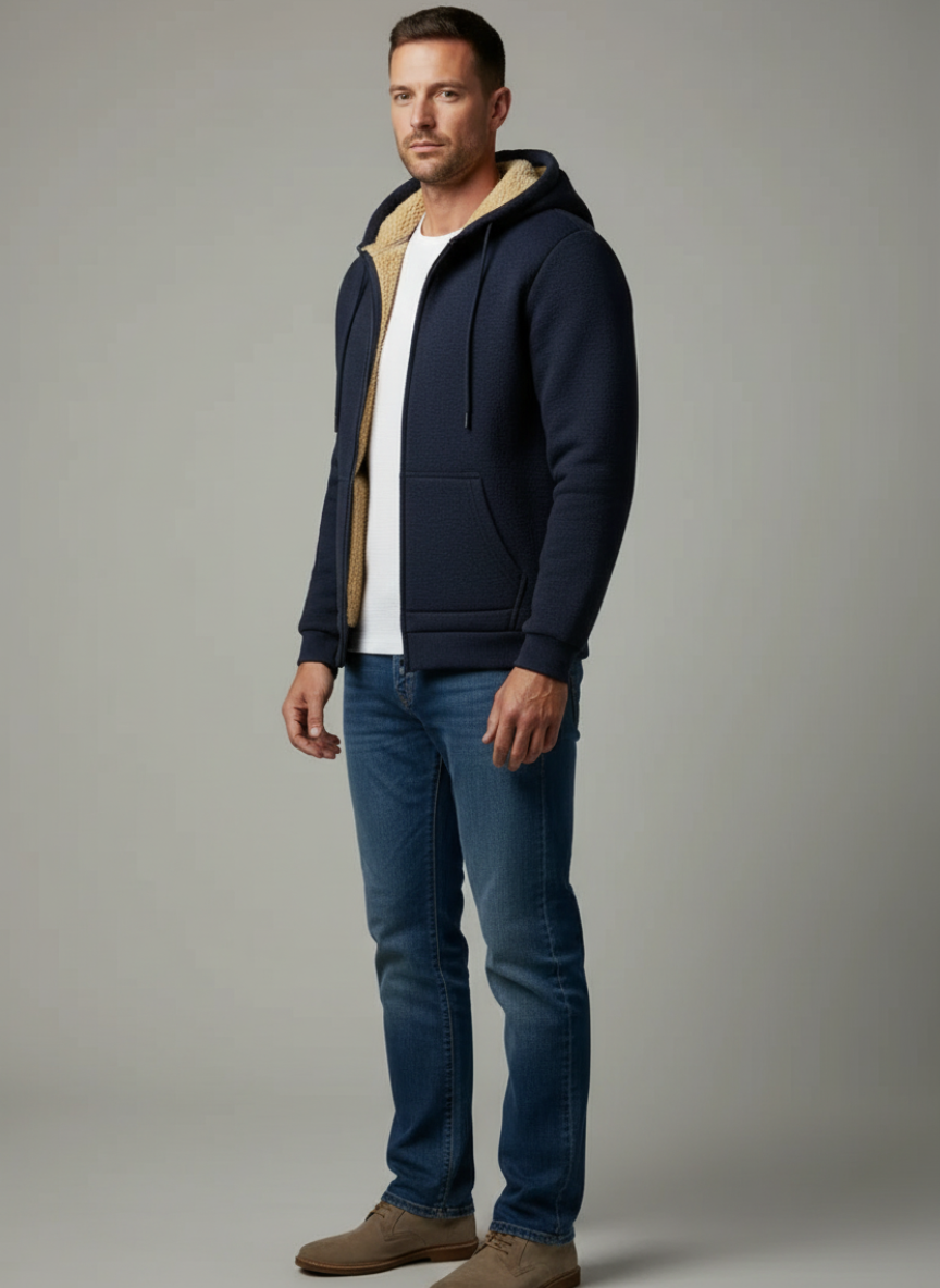 Thermal Wool Coat with Hood and Zipper – Casual Winter