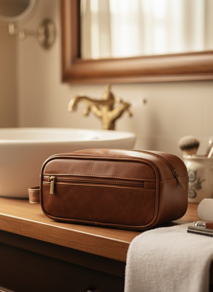 Large Capacity Leather Toiletry Bag - Multiple Pockets and Portable