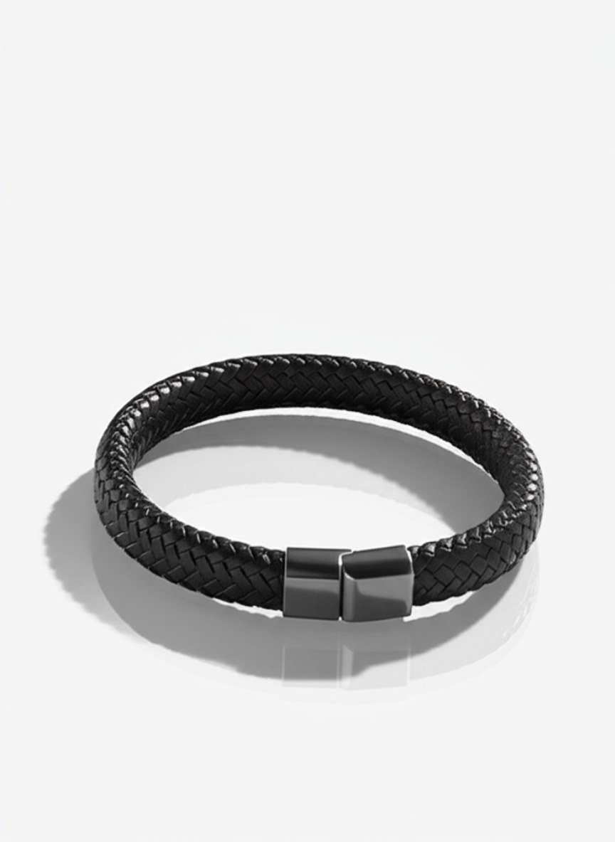 Men's Black Leather Bracelet - Premium Magnetic Clasp