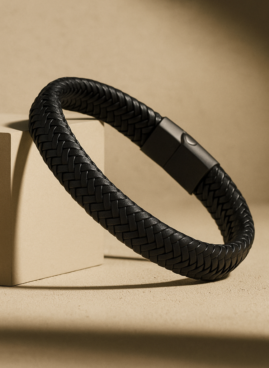 Men's Black Leather Bracelet - Premium Magnetic Clasp