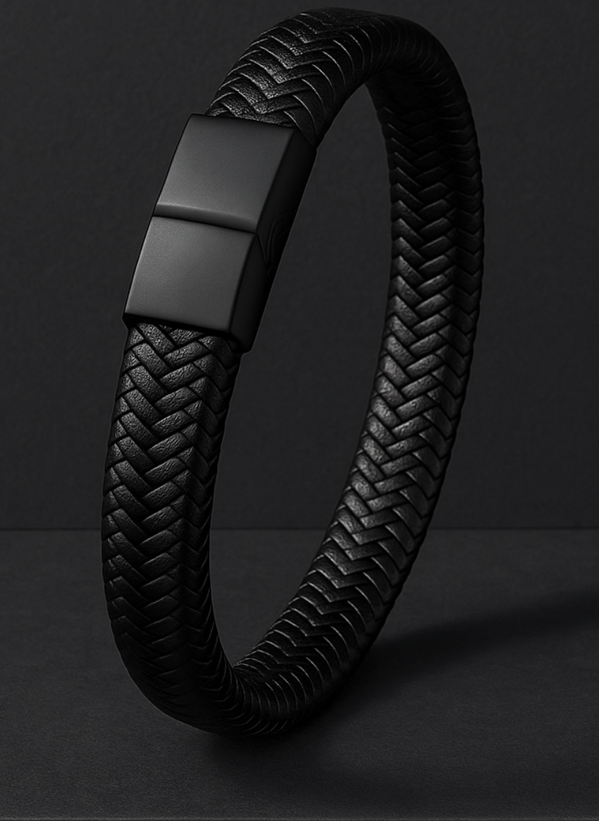 Men's Black Leather Bracelet - Premium Magnetic Clasp