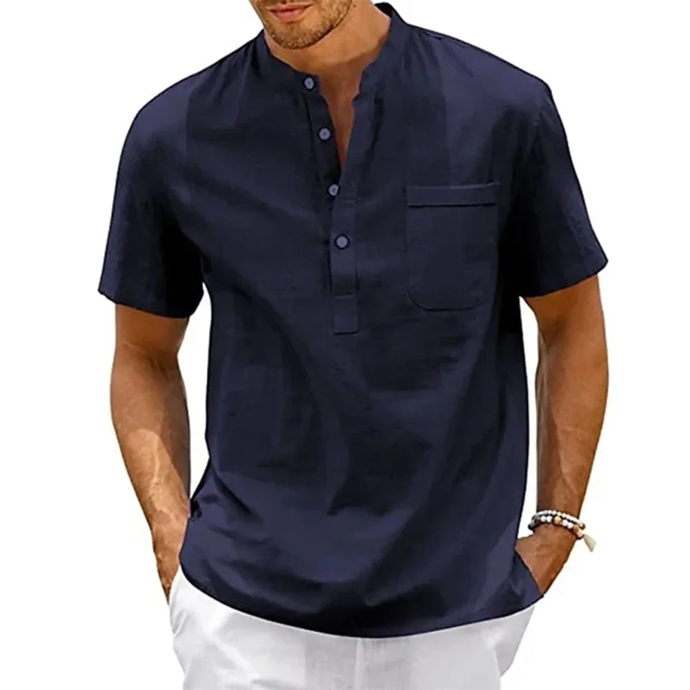 Men's Cotton and Linen Henley Shirt