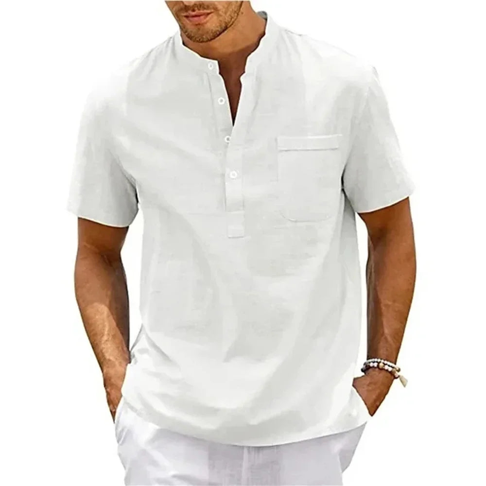 Men's Cotton and Linen Henley Shirt