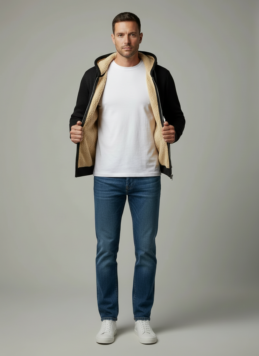 Thermal Wool Coat with Hood and Zipper – Casual Winter