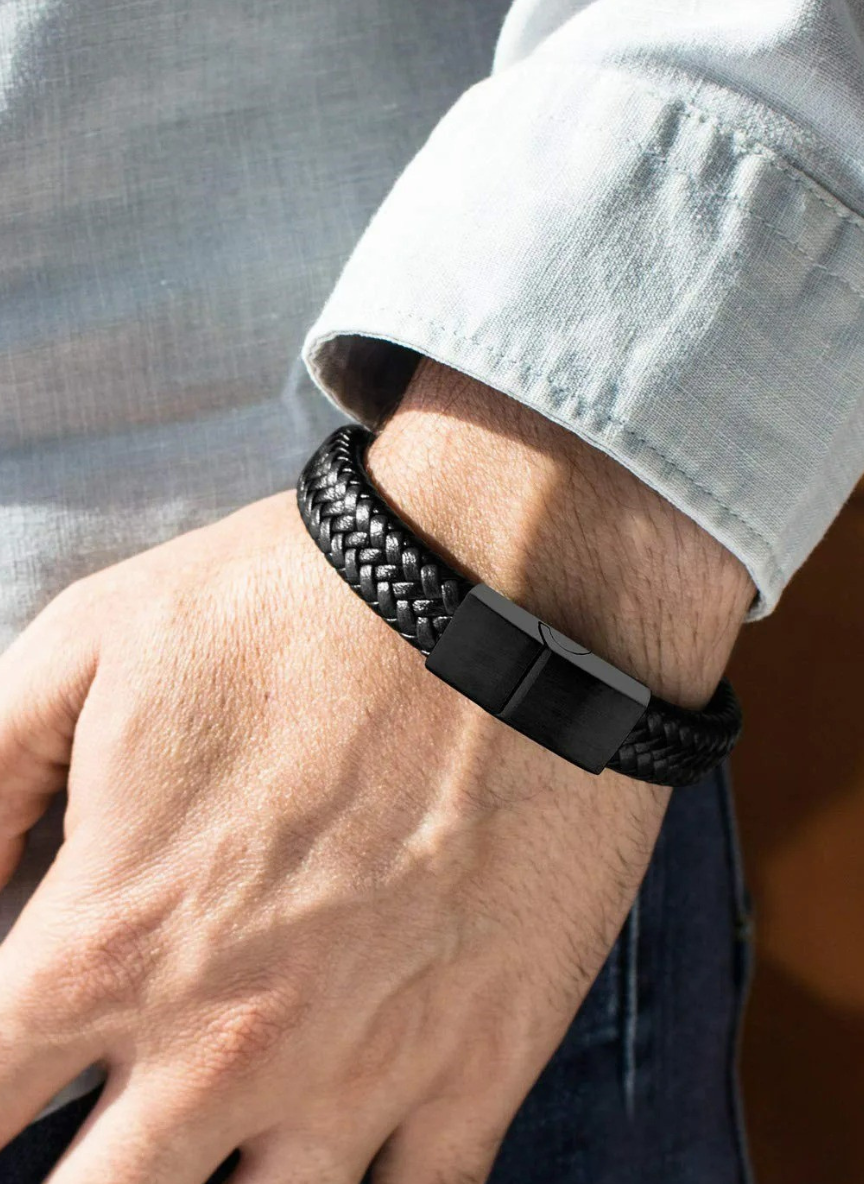 Men's Black Leather Bracelet - Premium Magnetic Clasp