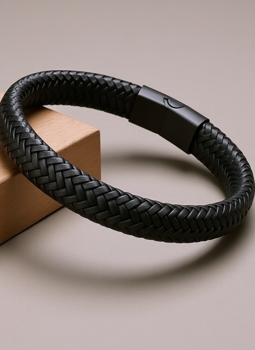 Men's Black Leather Bracelet - Premium Magnetic Clasp